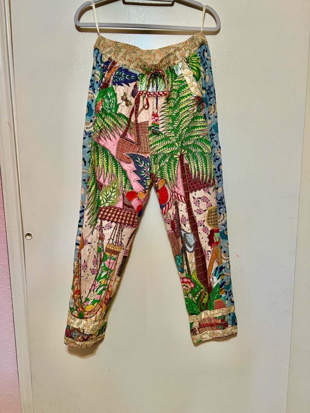 FARM Rio Tropical Basket-Print Drawstring Pants in Pink, Green, Blue